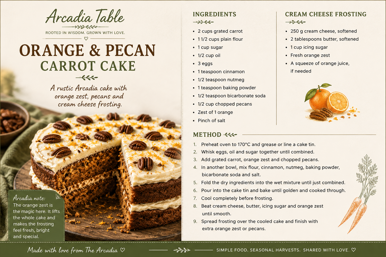 Arcadia Table Orange and Pecan Carrot Cake recipe card